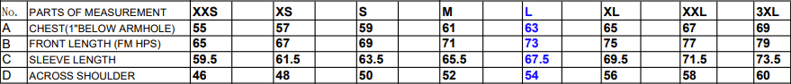 Track Top Size Chart